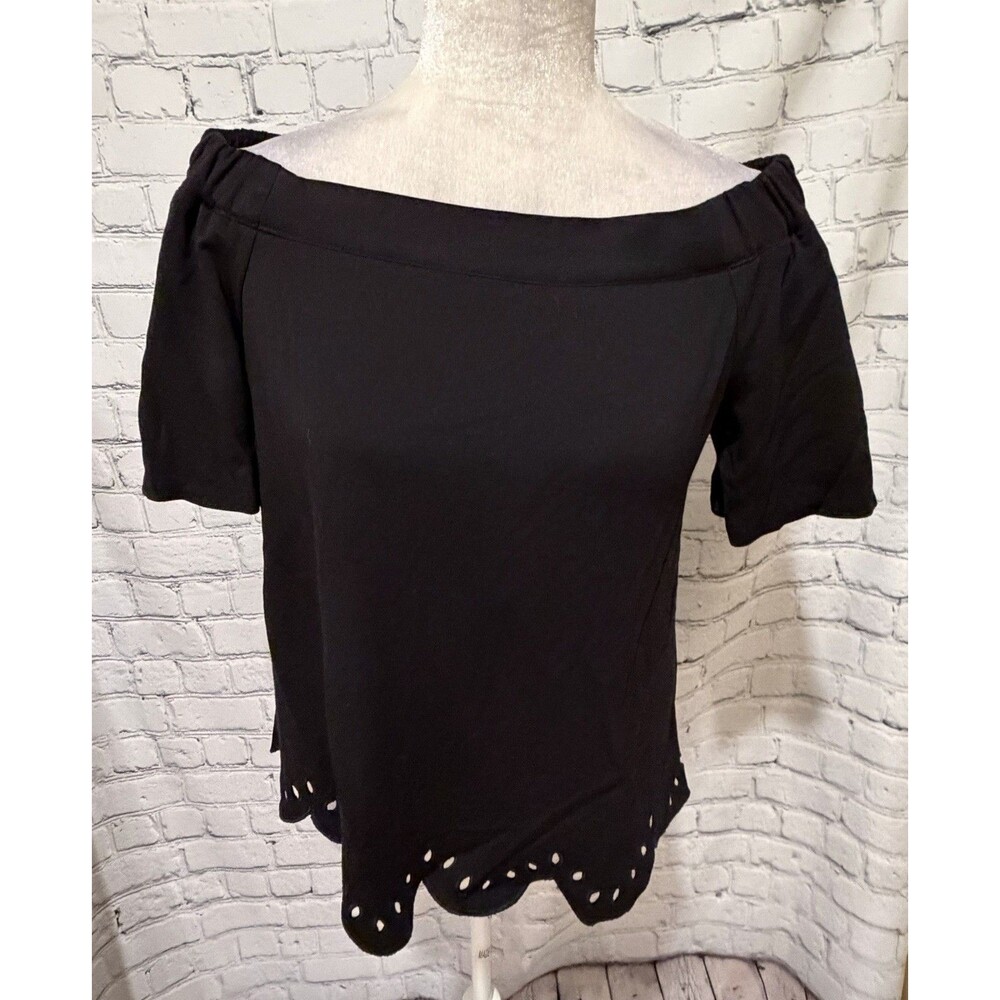 Ann Taylor Blouse Women Black Off Shoulder Short Sleeve Scallop Hem Eyelet Small